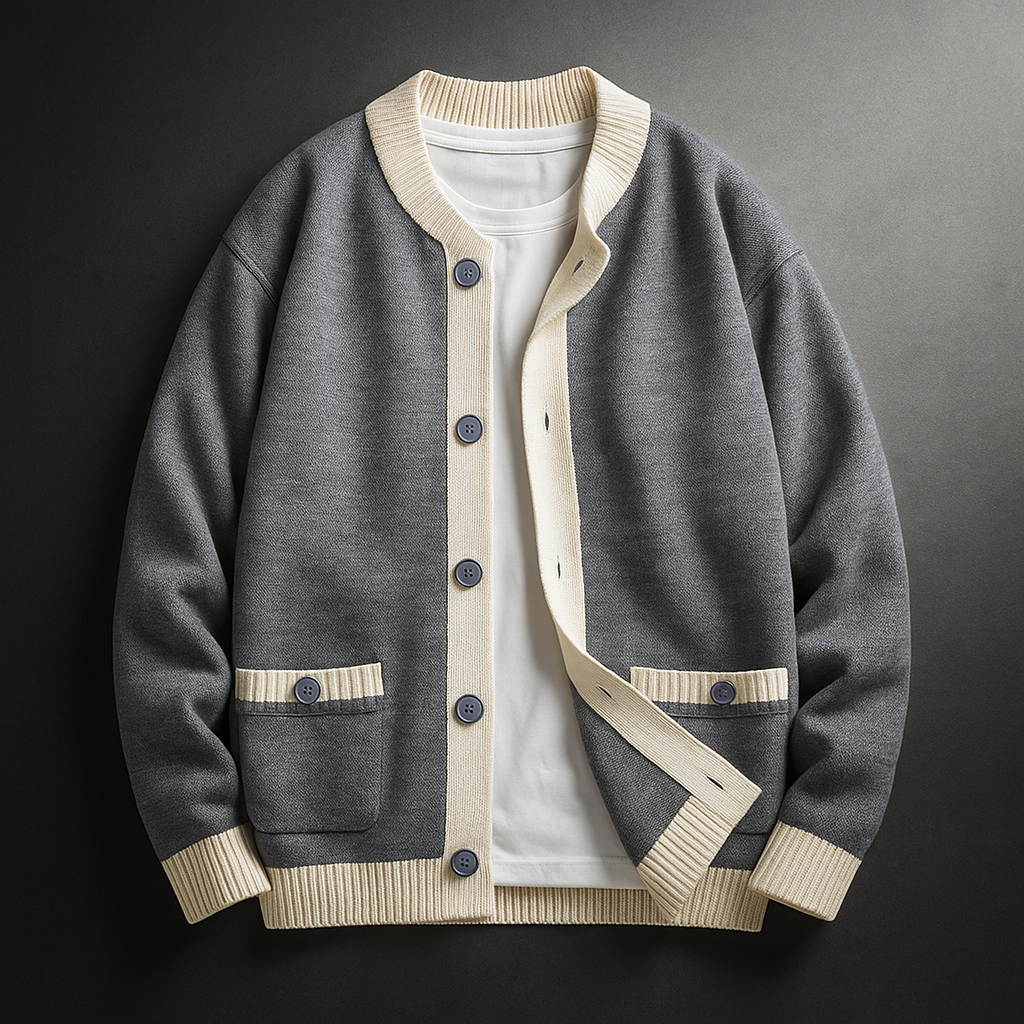 Saint Aurell Wexley Heavyweight Knit Button-Front Cardigan with Two-Tone Trim