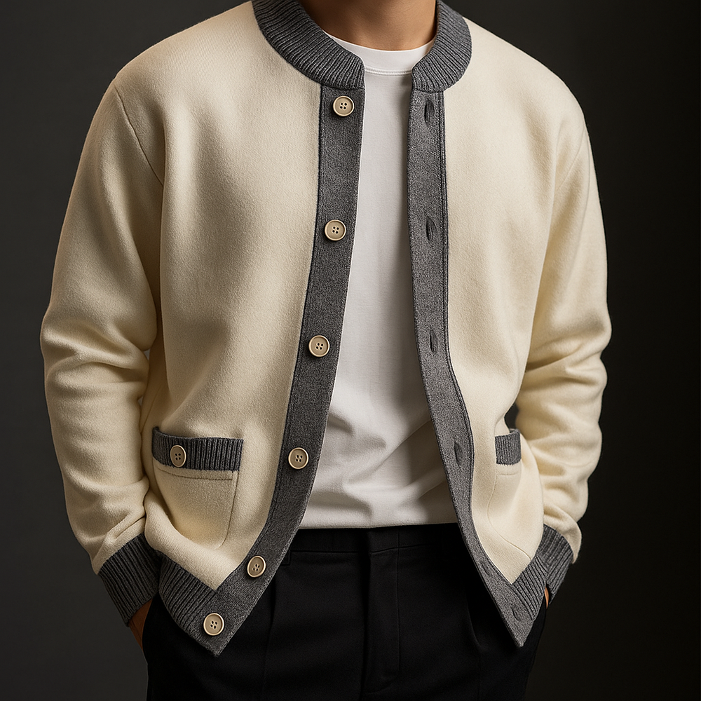 Saint Aurell Wexley Heavyweight Knit Button-Front Cardigan with Two-Tone Trim