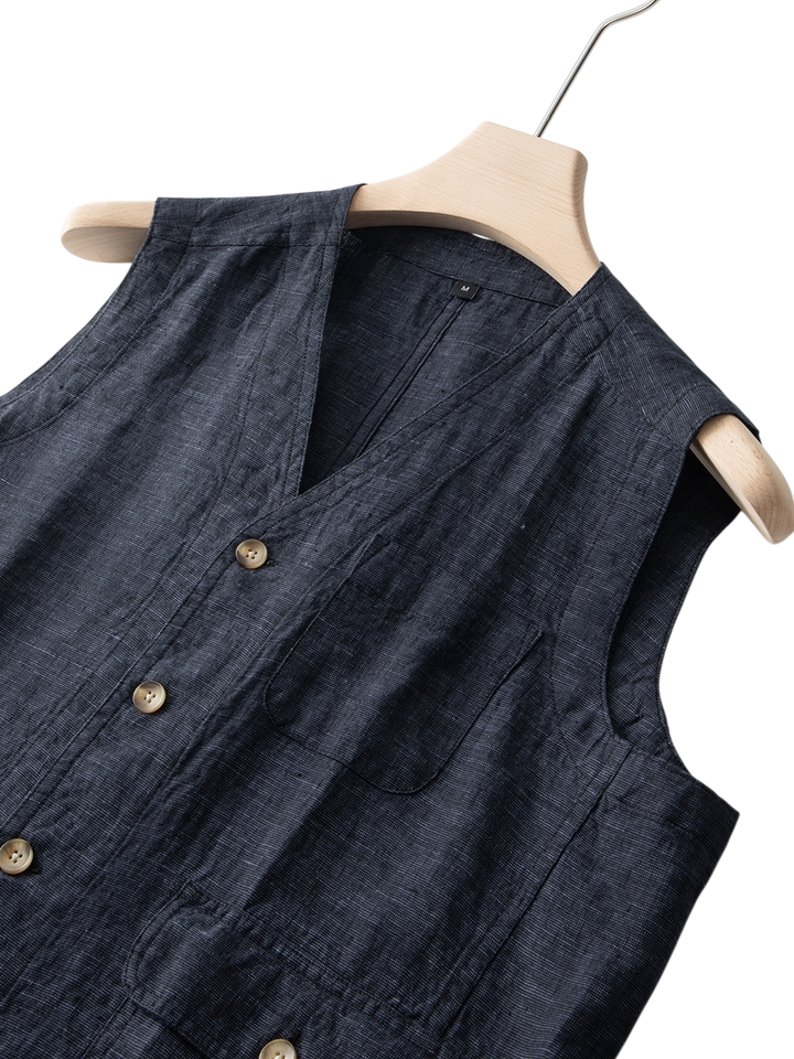 Elliot &amp; Stone Élan Indigo Linen Vest Sleeveless Tailored