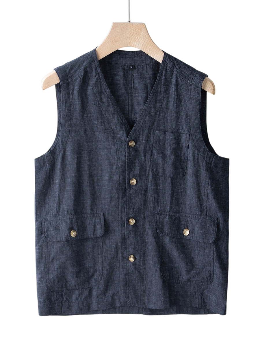 Elliot & Stone Élan Indigo Linen Vest Sleeveless Tailored