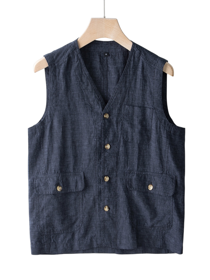 Elliot &amp; Stone Élan Indigo Linen Vest Sleeveless Tailored