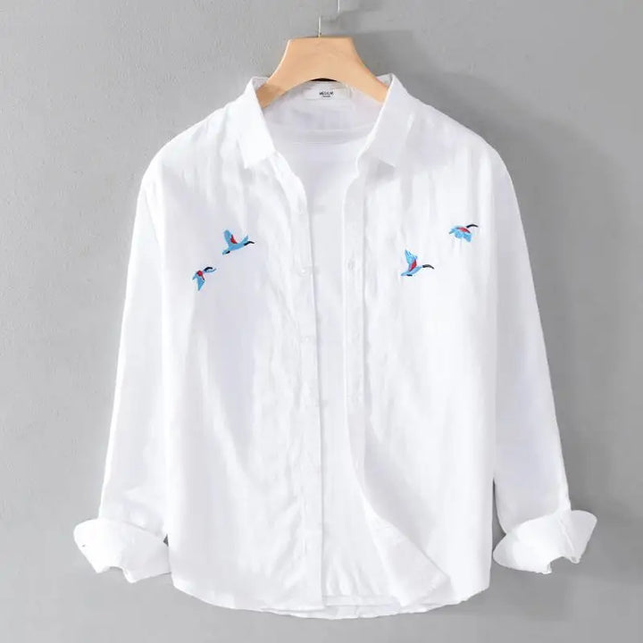 Saint Aurell Montana Linen Shirt Embroidered Bird Motif