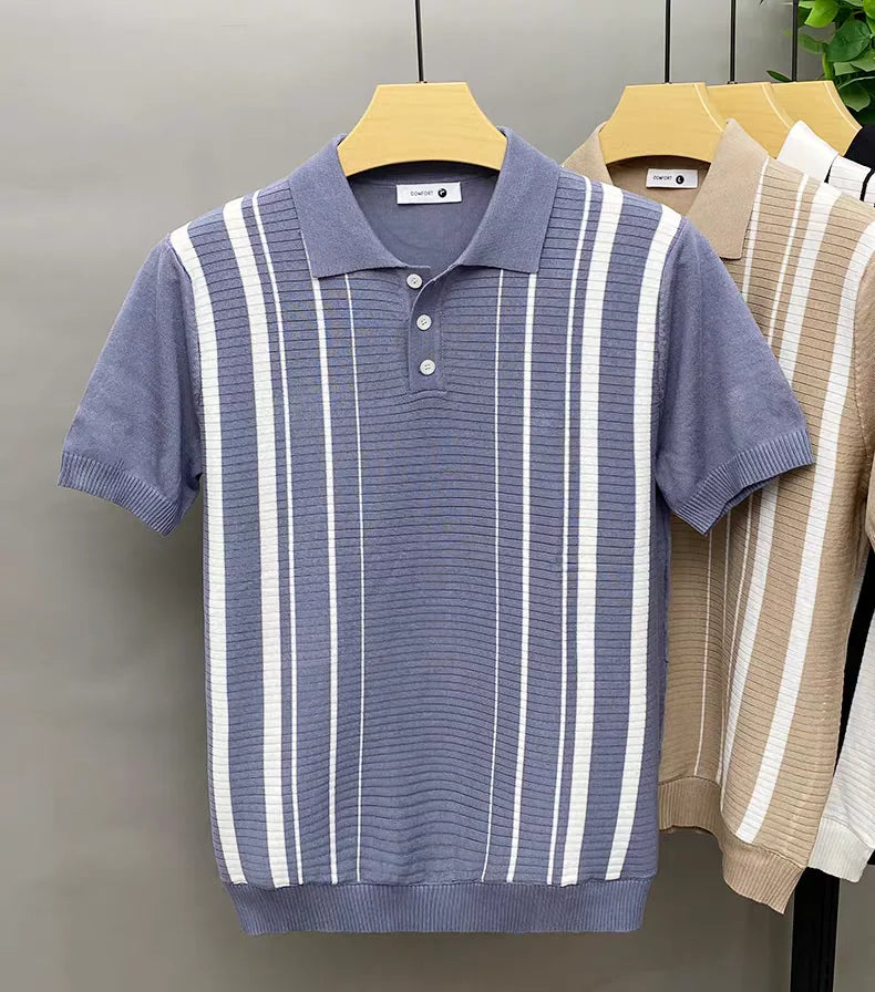 Saint Aurell Roma Polo Vertical Stripe Knit Shirt