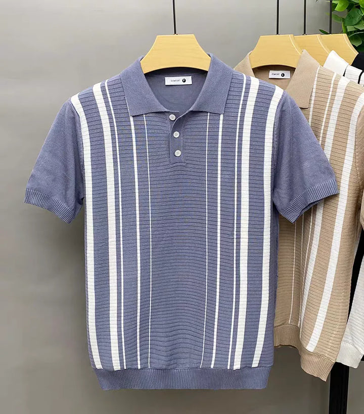 Saint Aurell Roma Polo Vertical Stripe Knit Shirt