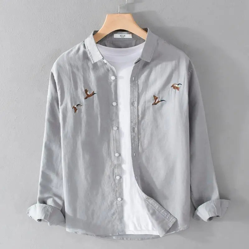 Saint Aurell Montana Linen Shirt Embroidered Bird Motif