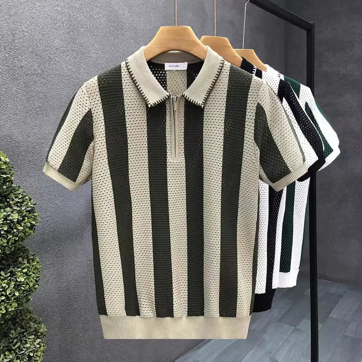 Saint Aurell Levan Zip Polo Shirt Cotton Vertical Striped Knit