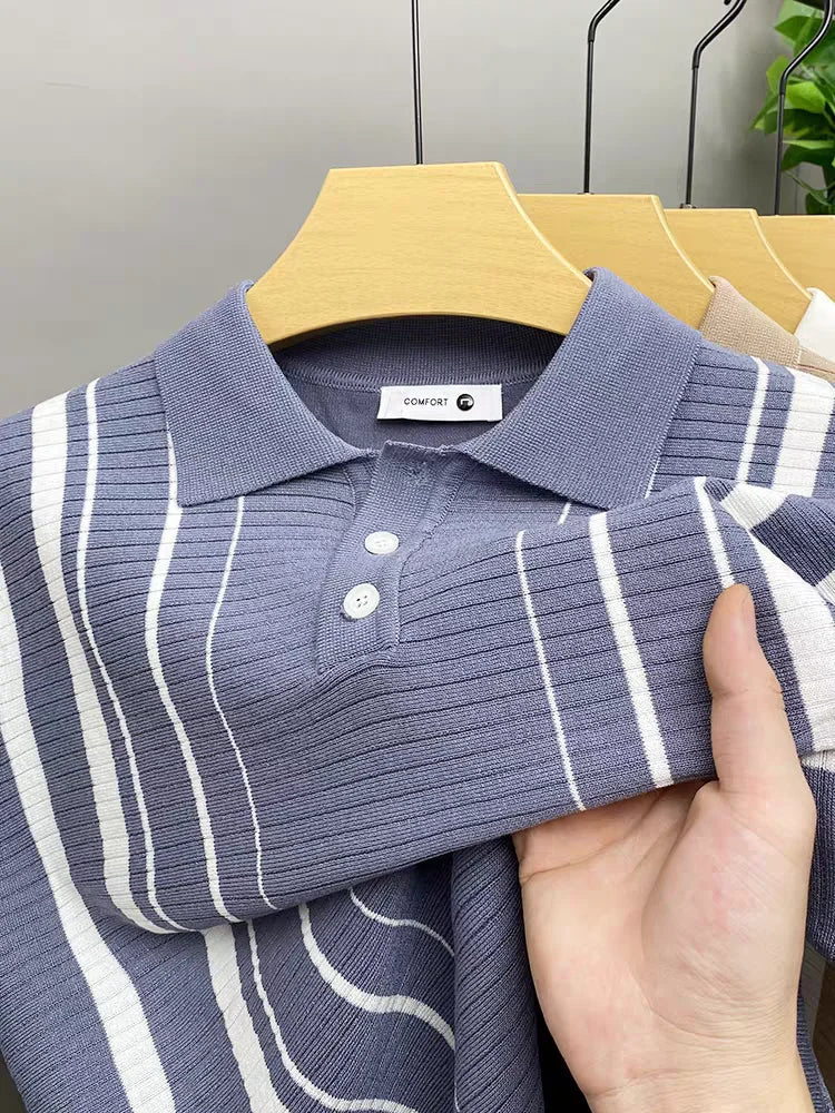Saint Aurell Roma Polo Vertical Stripe Knit Shirt