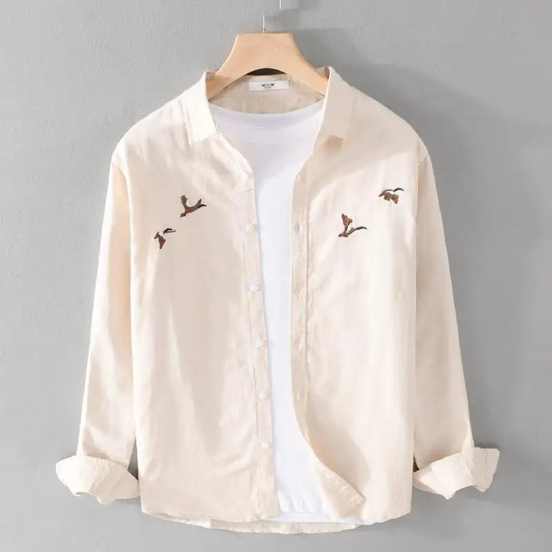 Saint Aurell Montana Linen Shirt Embroidered Bird Motif