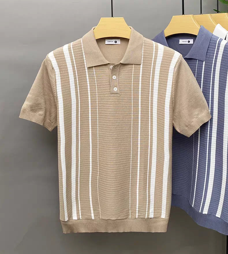 Saint Aurell Roma Polo Vertical Stripe Knit Shirt