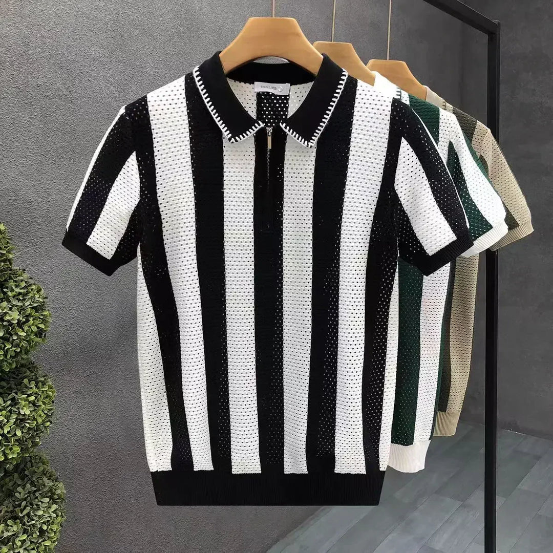 Saint Aurell Levan Zip Polo Shirt Cotton Vertical Striped Knit