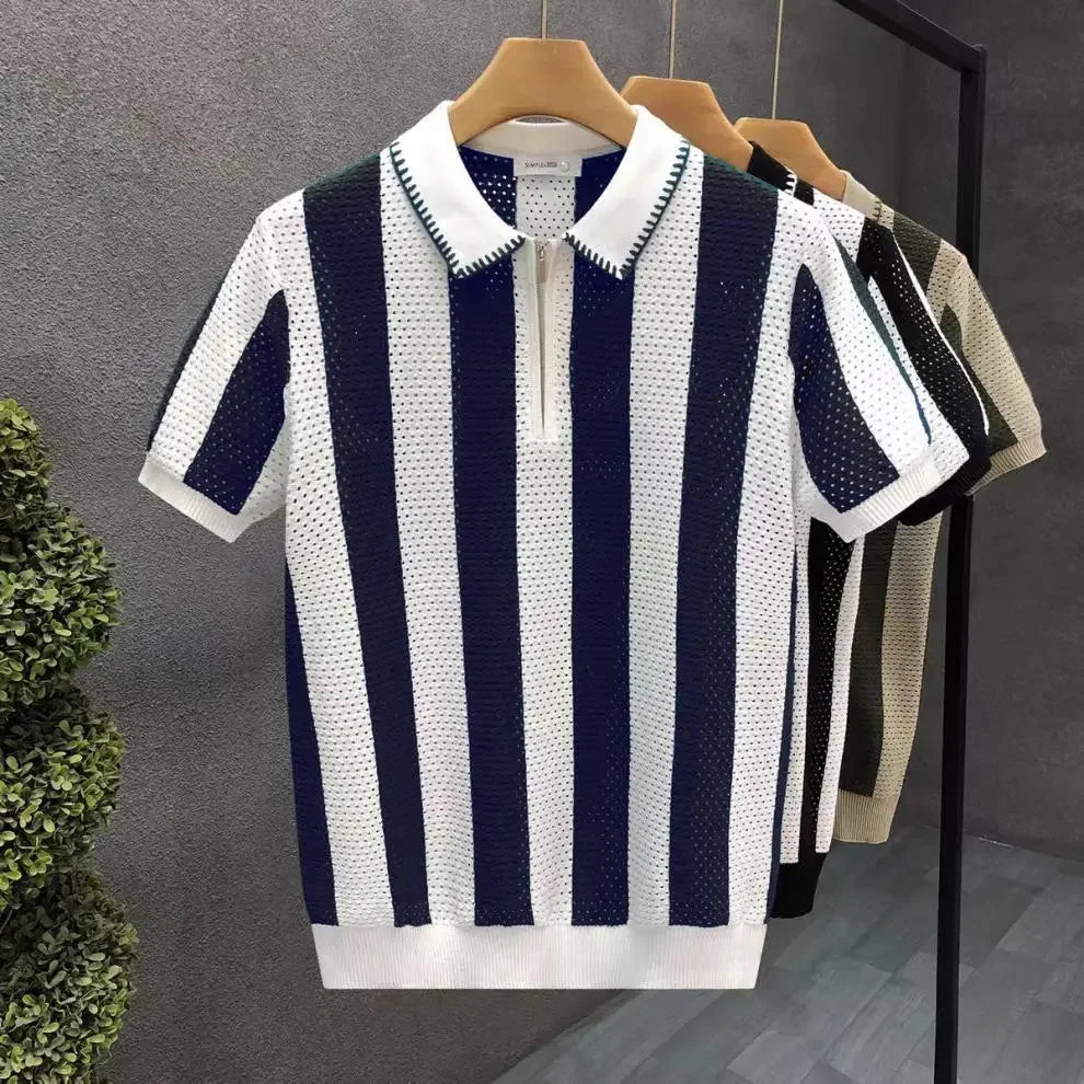 Saint Aurell Levan Zip Polo Shirt Cotton Vertical Striped Knit
