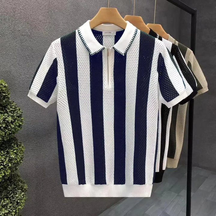 Saint Aurell Levan Zip Polo Shirt Cotton Vertical Striped Knit