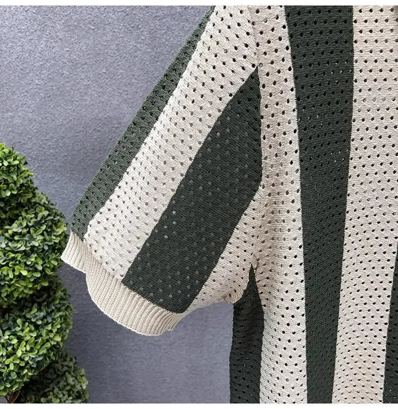 Saint Aurell Levan Zip Polo Shirt Cotton Vertical Striped Knit