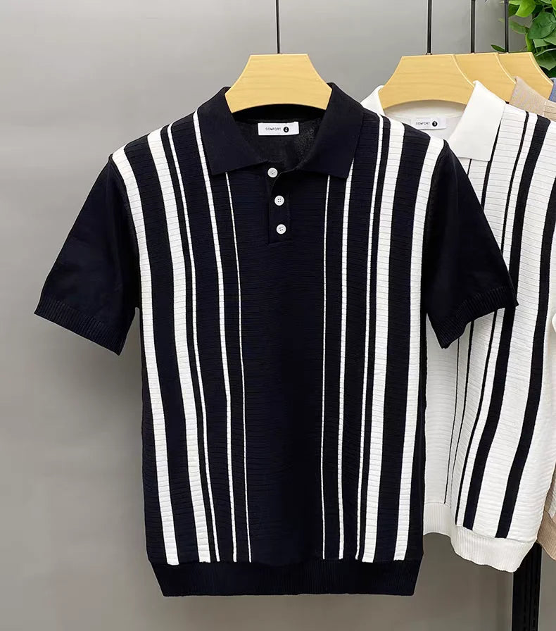 Saint Aurell Roma Polo Vertical Stripe Knit Shirt