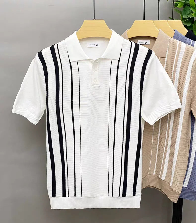 Saint Aurell Roma Polo Vertical Stripe Knit Shirt