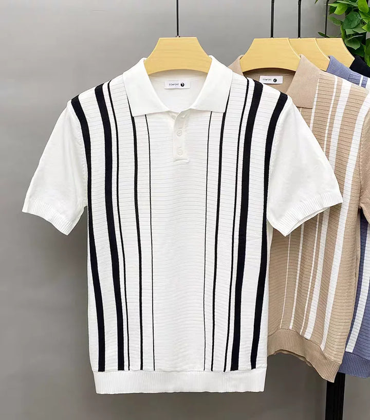 Saint Aurell Roma Polo Vertical Stripe Knit Shirt